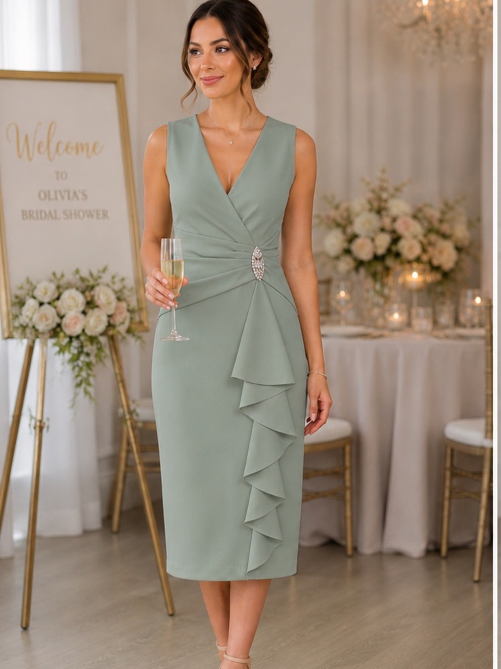 Jessica Howard Sage Green V-Neck Ruffle Sheath Dress